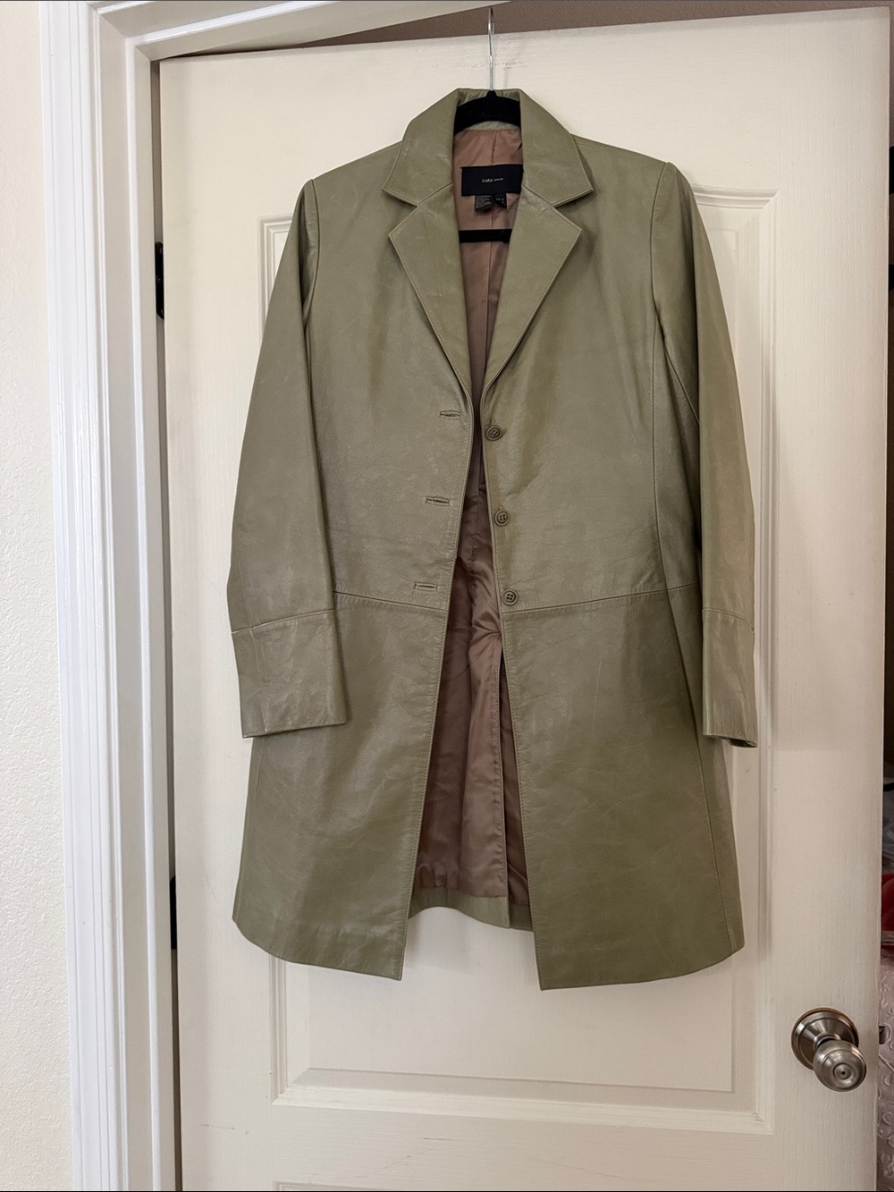 Zara Olive Leather Single-Breasted Coat
